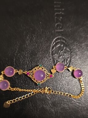 Gold Bracelet with Purple Jade Gemstones - Women's Jewelry
